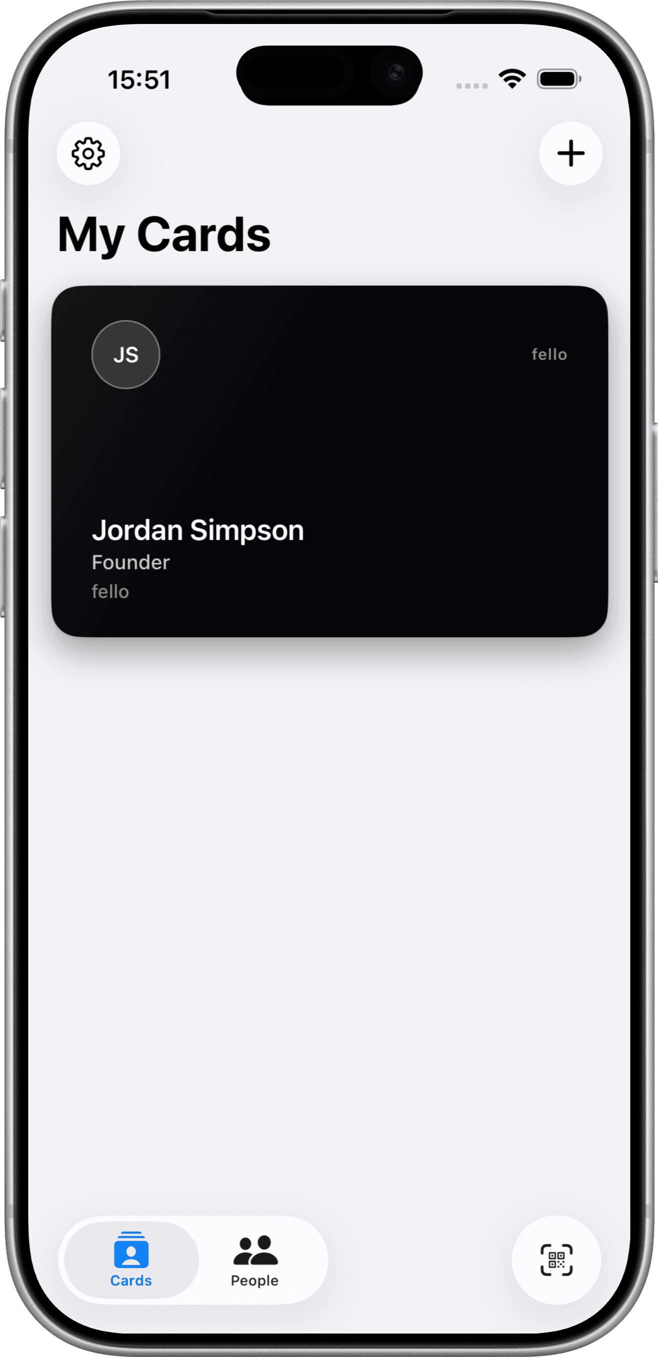 Fello on iPhone, showing a card in My Cards