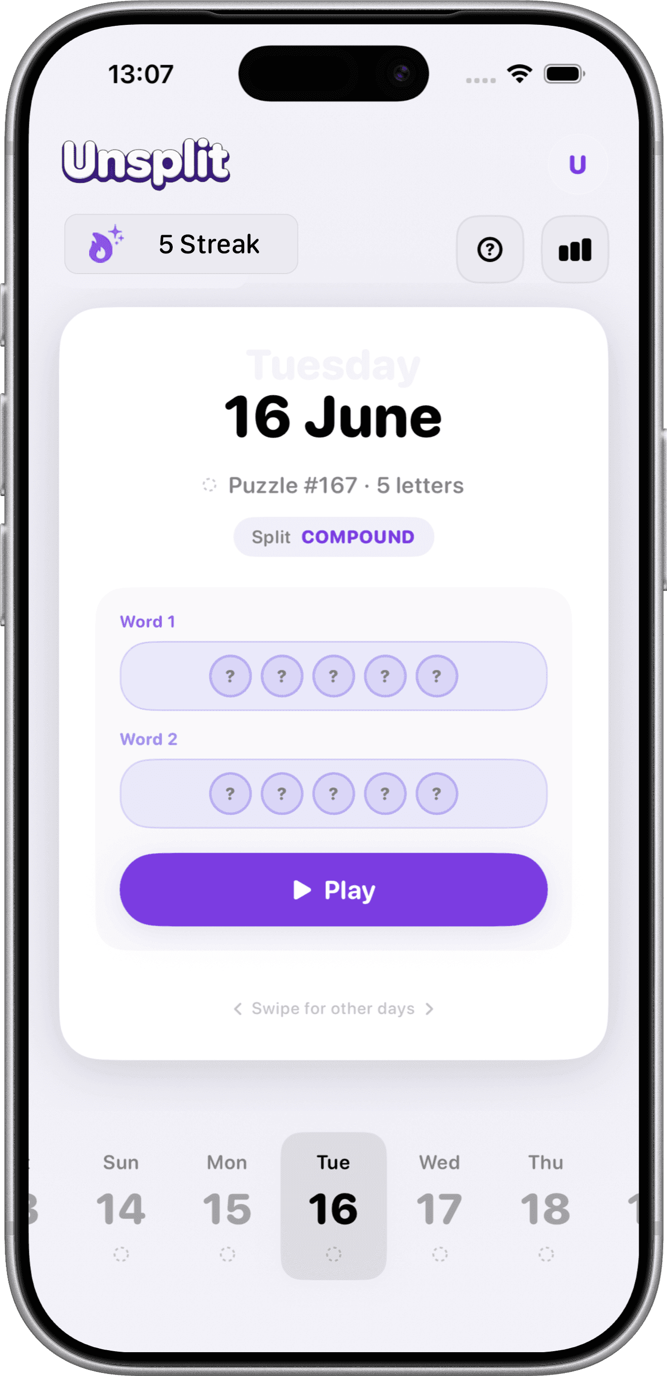 Unsplit on iPhone, ready to play the daily puzzle